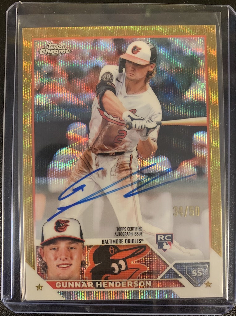 Cha-Ching! Colt it a nice one out of two 2023 Topps Chrome Jumbo packs.  Gunnar Henderson RC Gold Wave Auto Refractor 34/50.